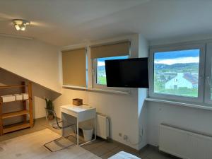 Habitación con TV, escritorio y ventana. en Wohnen in der Natur, en Saarbrücken