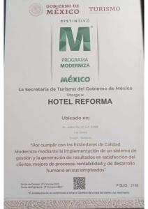 Certifikát, ocenenie alebo iný dokument vystavený v ubytovaní Hotel Reforma Tuxpan