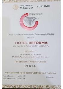 a ticket for a hotel room at the hotel reforma at Hotel Reforma Tuxpan in Tuxpan de Rodríguez Cano