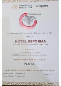 Certifikát, ocenenie alebo iný dokument vystavený v ubytovaní Hotel Reforma Tuxpan