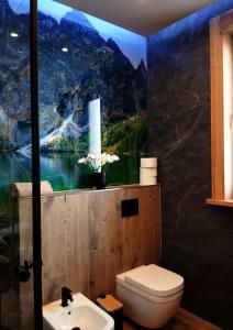 a bathroom with a sink and a toilet and a mural at Domki TATRA HOMES z jacuzzi in Kościelisko +40 photos