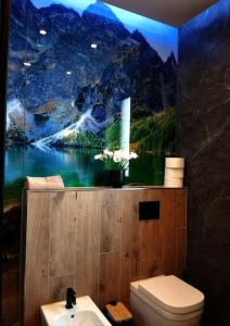 un baño con una pintura de una montaña en tatra homes, en Kościelisko