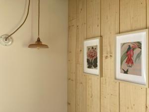 dwa zdjęcia kwiatów na ścianie z lampą w obiekcie Maison Chemin, chambres d'hôtes à Amboise w mieście Amboise