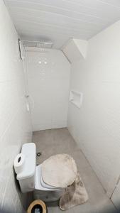 een kleine badkamer met een toilet en een tapijt bij Chalé centro de curitiba in Curitiba