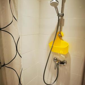 La salle de bains est pourvue d'une douche avec un pommeau de douche. dans l'établissement Chambre cœur du centre-ville, au Havre