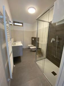 a bathroom with a shower and a sink and a toilet at appartamento delizioso, a metà tra lago e montagna in Fonteno