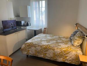 1 dormitorio pequeño con 1 cama y cocina en Salutho, en Sélestat