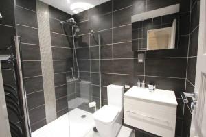 La salle de bains est pourvue d'une douche, de toilettes et d'un lavabo. dans l'établissement Private Estate Lake Lodge-Cabin Near River Thames, à Buckinghamshire