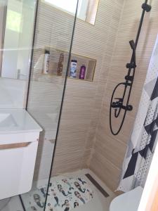 a shower with a glass door in a bathroom at Leki Apartman in Travnik