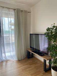 a living room with a flat screen tv on a table at Apartman s terasou, v novostavbe in Prague