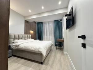 Schlafzimmer mit einem Bett und einem Flachbild-TV in der Unterkunft Privat Apartment Ciocana in Chişinău