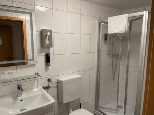 La salle de bains est pourvue d'une douche, de toilettes et d'un lavabo. dans l'établissement Hotel Gästehaus Sonne, à Sinsheim