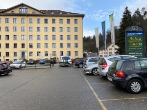 un estacionamiento con autos estacionados frente a un edificio en Hotel Swiss Bellevue Aathal, en Seegräben