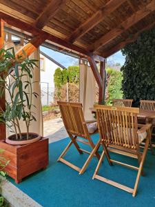 佐洛卡羅斯的住宿－Jázmin Apartman Zalakaros，天井配有两把椅子和一张桌子,种植了盆栽植物