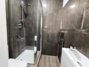 a bathroom with a shower and a toilet and a sink at Bright one bedroom apartment in Chiswick in London