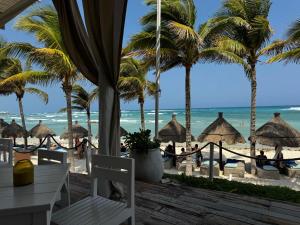 een uitzicht op het strand vanuit een resort met palmbomen bij Golf & Beach Haven in Tulum