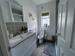 a white bathroom with a toilet and a sink at Golden Triangle Townhouse in Norwich