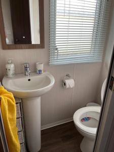 een badkamer met een wastafel en een toilet bij Miss Pollys Hideaway in Port Seton