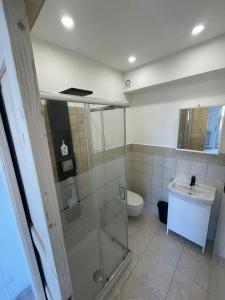 a bathroom with a shower and a toilet and a sink at "Du' I Mazzi" Stanza Etna in Giardini Naxos