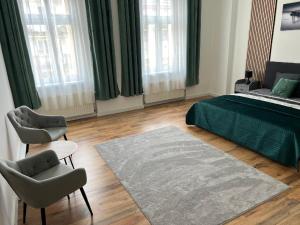 a bedroom with a bed and two chairs and a rug at Apartmán Teplice in Teplice