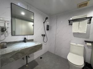 ein Badezimmer mit einem Waschbecken, einem Spiegel und einem WC in der Unterkunft Pod Hotel - Guangzhou Luoxi Subway Station Canton Tower in Guangzhou