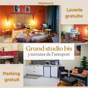 a collage of photos of a room with a bedroom at Grand studio Bis à Matoury in Matoury