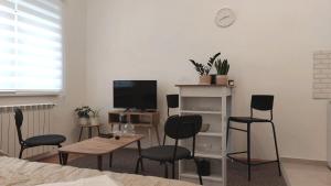 een woonkamer met stoelen en een televisie en een tafel bij Studi-apartman Kestenov stan in Vršac