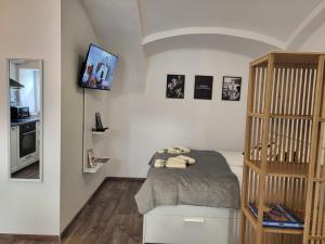 马里博尔MK Studio的一间卧室，墙上有一张床和一台电视