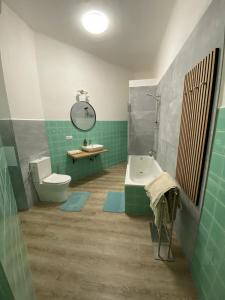 a bathroom with a toilet and a sink and a tub at Apartmán na náměstí in Soběslav