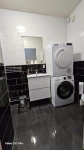 ein Badezimmer mit einer Waschmaschine und einem Spiegel in der Unterkunft Sewdien’s Apartment Maashaven in Rotterdam