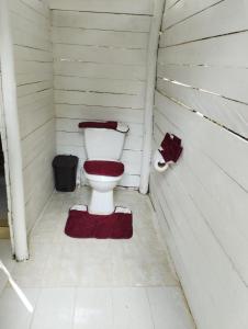a bathroom with a toilet with a red lid at Glamping Eco Azulejo in Arbeláez +38 photos