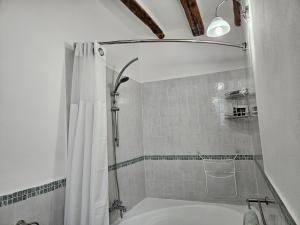 a bathroom with a tub and a shower curtain at Villa Margot - Authentic sea view countryside villa in Lipari +91 photos