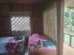 two beds in a small room with a window at LAGUNA CALDERA LODGE in Siquirres