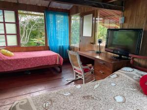 a bedroom with a tv and a bed and a desk at CENTRO HOLISTICO ALLPA SAMAY in Puentetierra