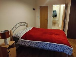 um quarto com uma cama com um cobertor vermelho em Spacious bright double bedroom with ensuite bathroom em Dublin