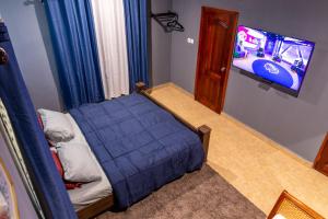 アクラにあるBlueGreen GuestHouseのベッドルーム(ベッド1台、薄型テレビ付)