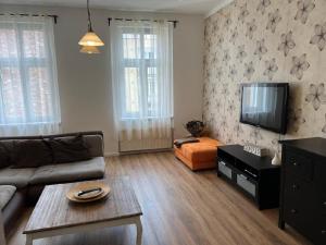 a living room with a couch and a tv at Apartmán Teplice in Teplice