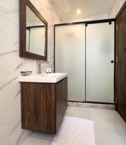 a bathroom with a sink and a mirror and a shower at Tapiri pyramids inn in Cairo