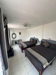 uma sala de estar com duas camas e um sofá em Hotel Posada Jardín Aguascalientes em Aguascalientes