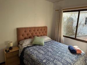 a bedroom with a bed with a blue comforter and a window at Hostal Gloria Viña in Viña del Mar