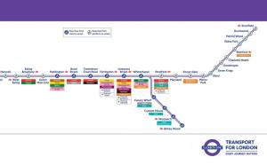 a map of the transit rainbow line at Startlet Stays Apartments - On Elizabeth Line with Free Parking in London