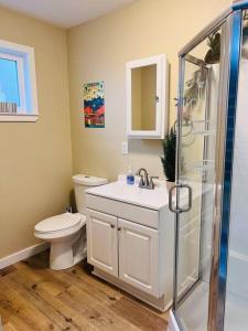 a bathroom with a toilet and a sink and a shower at Two side-by-side apartments in Salem