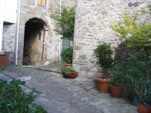 a stone building with potted plants in a courtyard at Casa Marchi in Bagni di Lucca