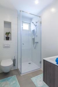 a bathroom with a shower with a toilet and a sink at Seaside house for families with children Mandre, Pag - 22603 in Kolan
