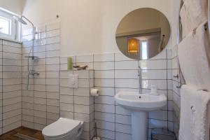 ein Badezimmer mit Waschbecken, Toilette und Spiegel in der Unterkunft Seaside house for families with children Mandre, Pag - 22604 in Kolan + 21 Fotos