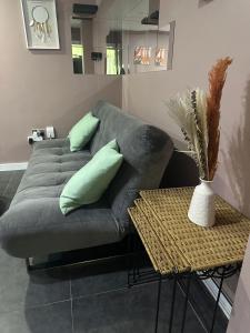 a living room with a couch and a table at 1 Bedroom apartment With Hot Tub in cardiff in Cardiff