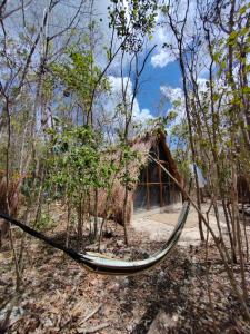 a hammock in front of a hut at El Cenote 11:11 in Tulum