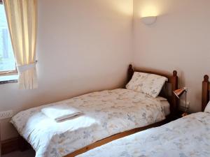 a bedroom with two beds and a window at Y Dderwen At Brynglas Farm in Llanfair Caereinion