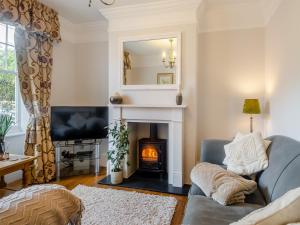 a living room with a fireplace and a television at Forsythia House in Overstrand