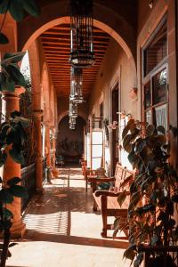 a hallway of a building with chairs and a plant at Mansion de los Sueños in Pátzcuaro